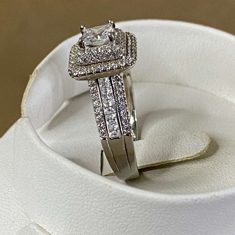 Jeulia Princess Cut Wedding Ring Sterling Silver Bridal‎ Cubic Zirconia Sz 10.5